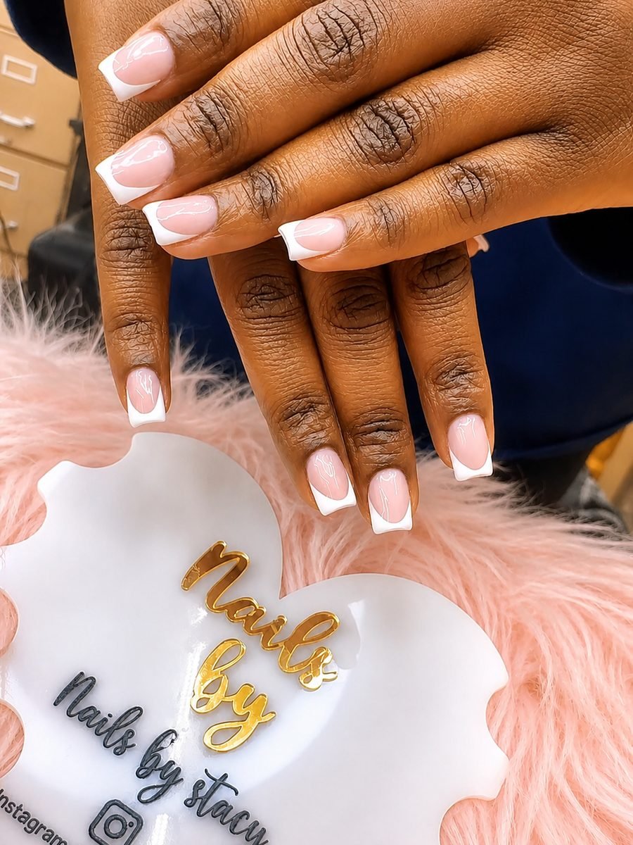 Crisp white French manicure on short square nails