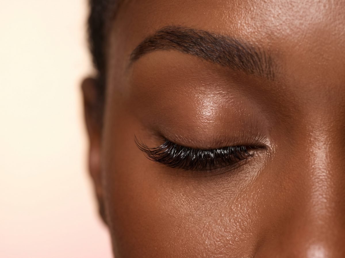 Close-up of a full set of hybrid eyelash extensions