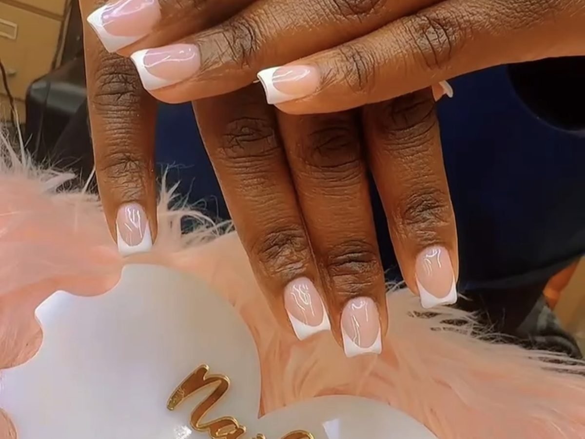 French tip acrylic nails with fine white line art